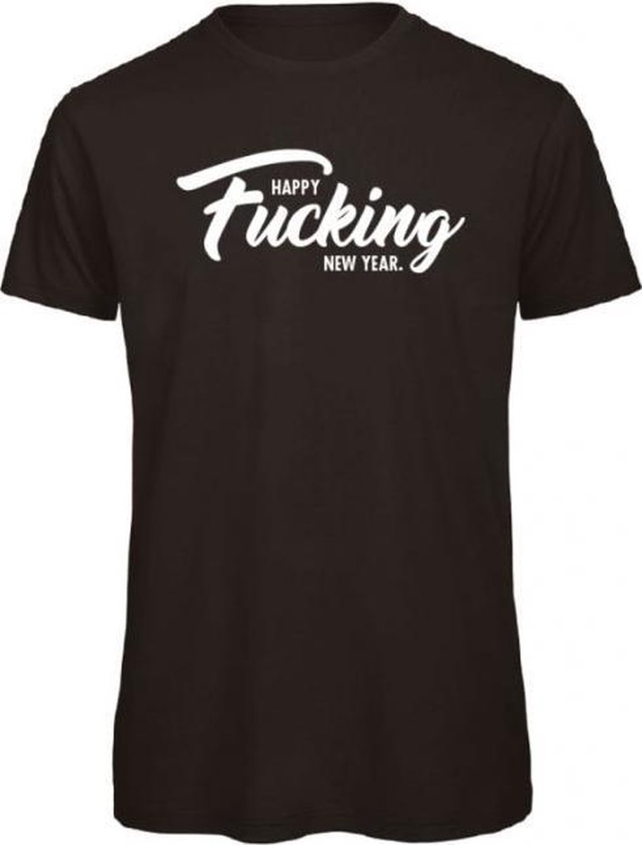 Kerst t-shirt zwart L - Happy fucking new year - wit - soBAD. | Kerst | Nieuwjaar | Unisex | T-shirt dames | T-shirt mannen